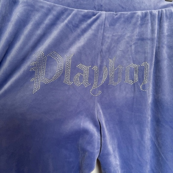 Playboy old English y2k Blue Velour Pants with Logo and rhinestone XL periwinkle - Picture 5 of 8
